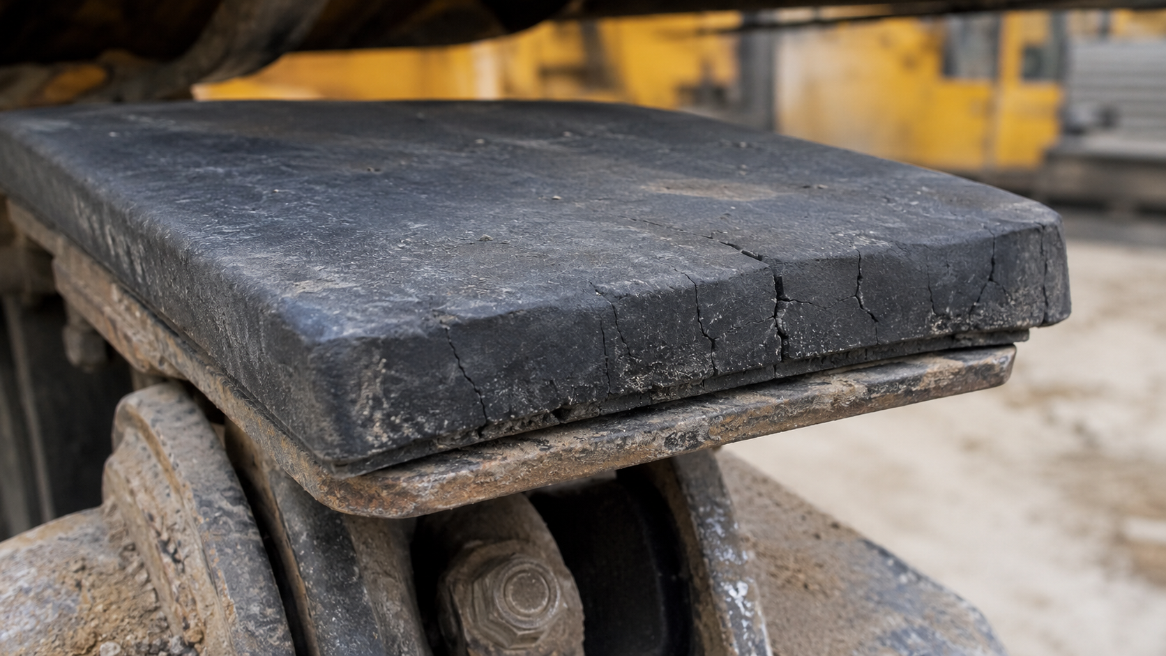Stress marks and cracking near the unsupported edge of a rubber roadliner pad